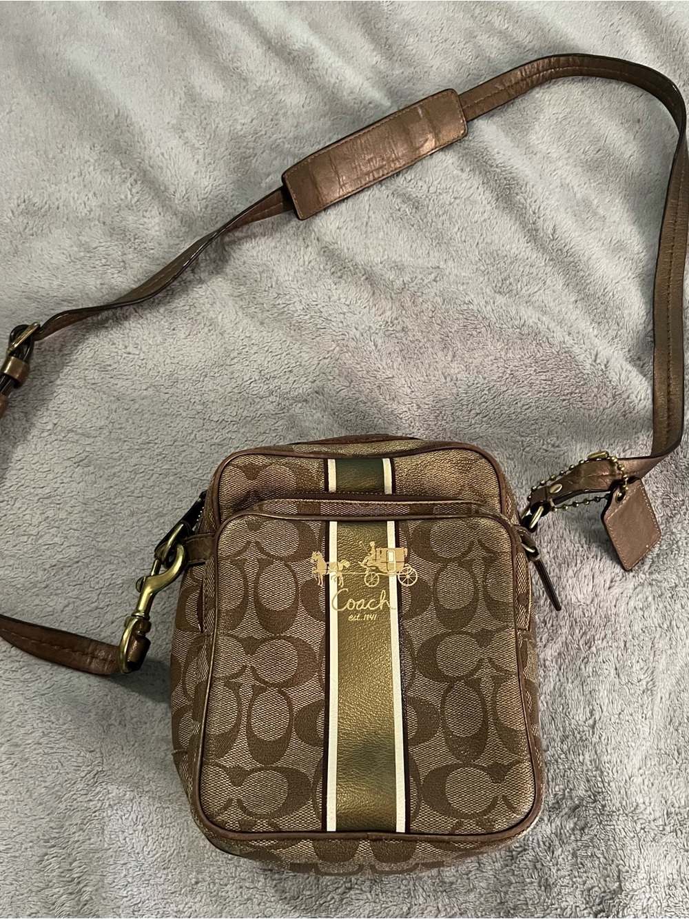 Coach Brown Signature Canvas Messenger Bag with Gold Stripe